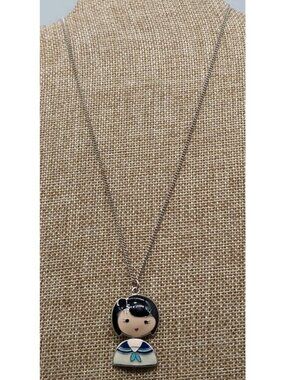 Girl Figure Articulated Necklace Sailor Outfit Siver Tone Enamel